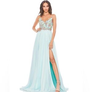 NWT $598 MAC DUGGAL Jewel Encrusted Thigh High Slit Gown DRESS 67790 Aqua